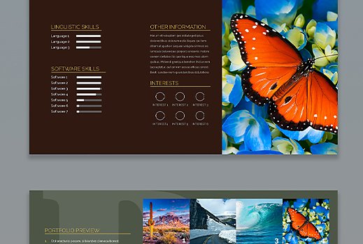 Presentation design template for Adobe InDesign featuring a butterfly photo
