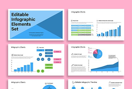 Collage of presentation design template slides for Adobe Illustrator featuring infographics