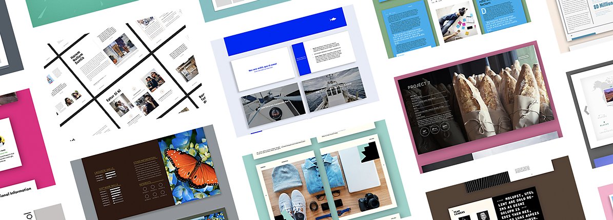 Collage of presentation design templates for Adobe InDesign and Illustrator