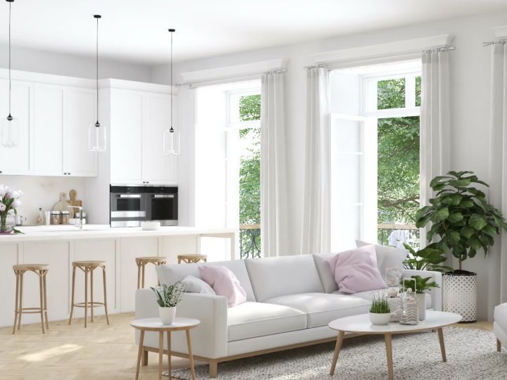 Video: A zoom through of a stark white kitchen and living room of an apartment featuring lush green plants during a real estate video
