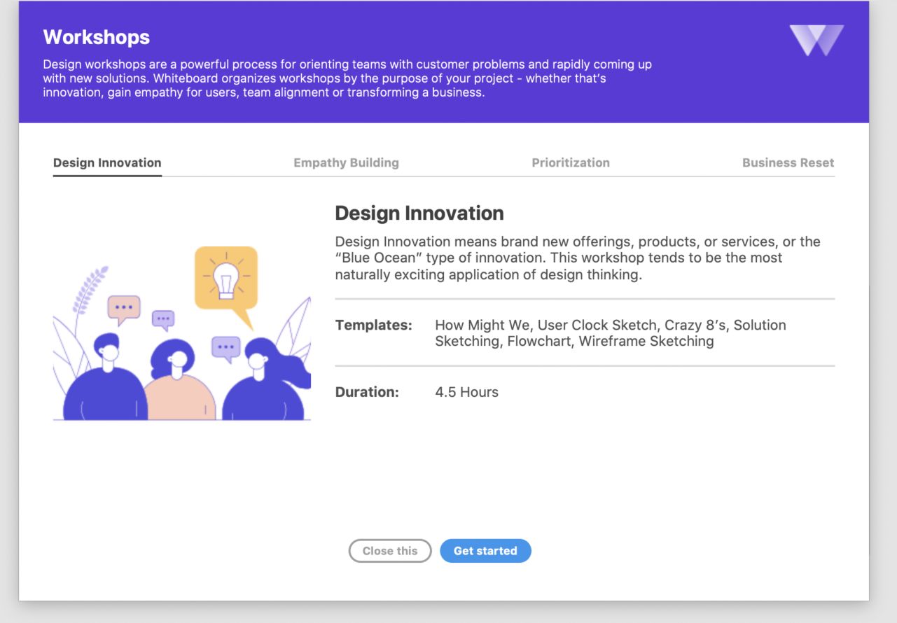 The Workshops interface in the Whiteboard plugin for Adobe XD.