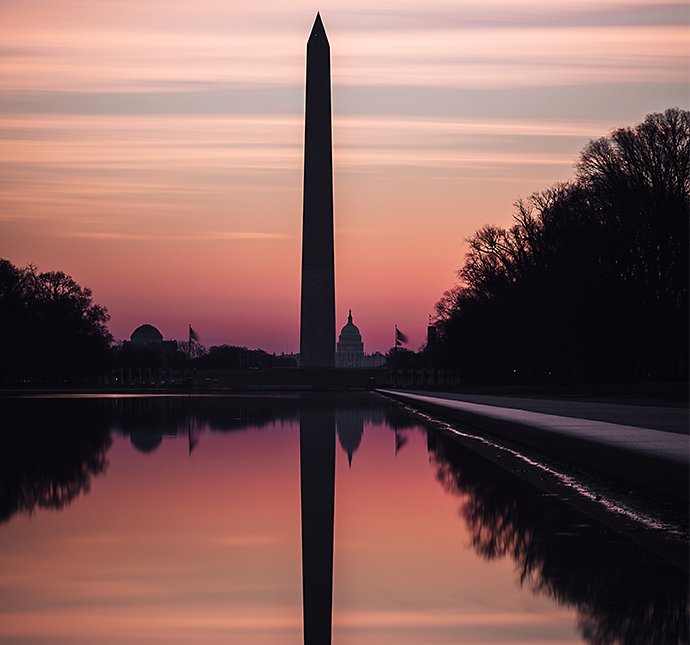 The Washington Monument reflected in the Lincoln Memorial Reflecting Pool