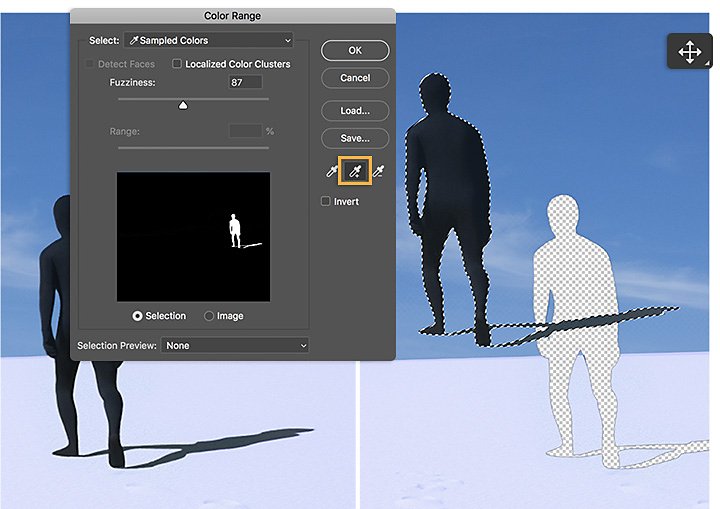 Open second image file, use Select Color range to select figure and shadow, use Move tool to move figure to original document