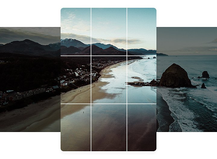 A camera grid superimposed over a photo of a shoreline.