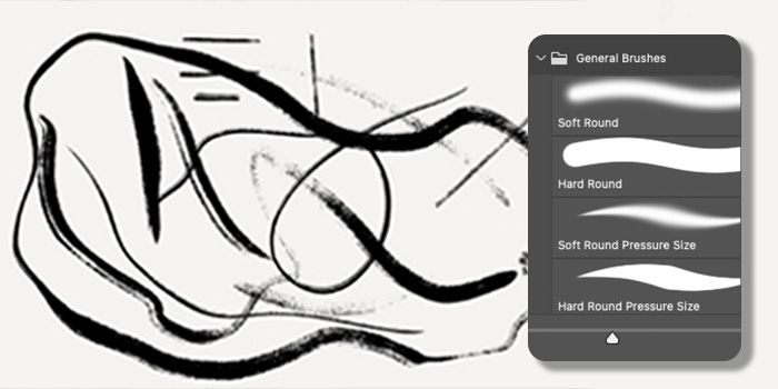 Various brush effects are trialed with a doodle in Photoshop.
