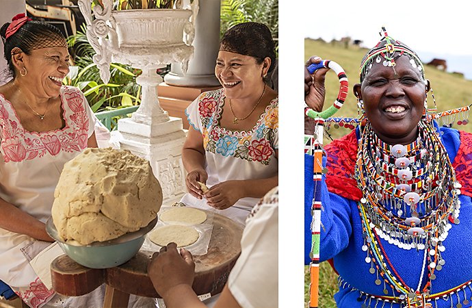 A photo of people making tortillas next to a photo of a person wearing traditional cultural clothing.