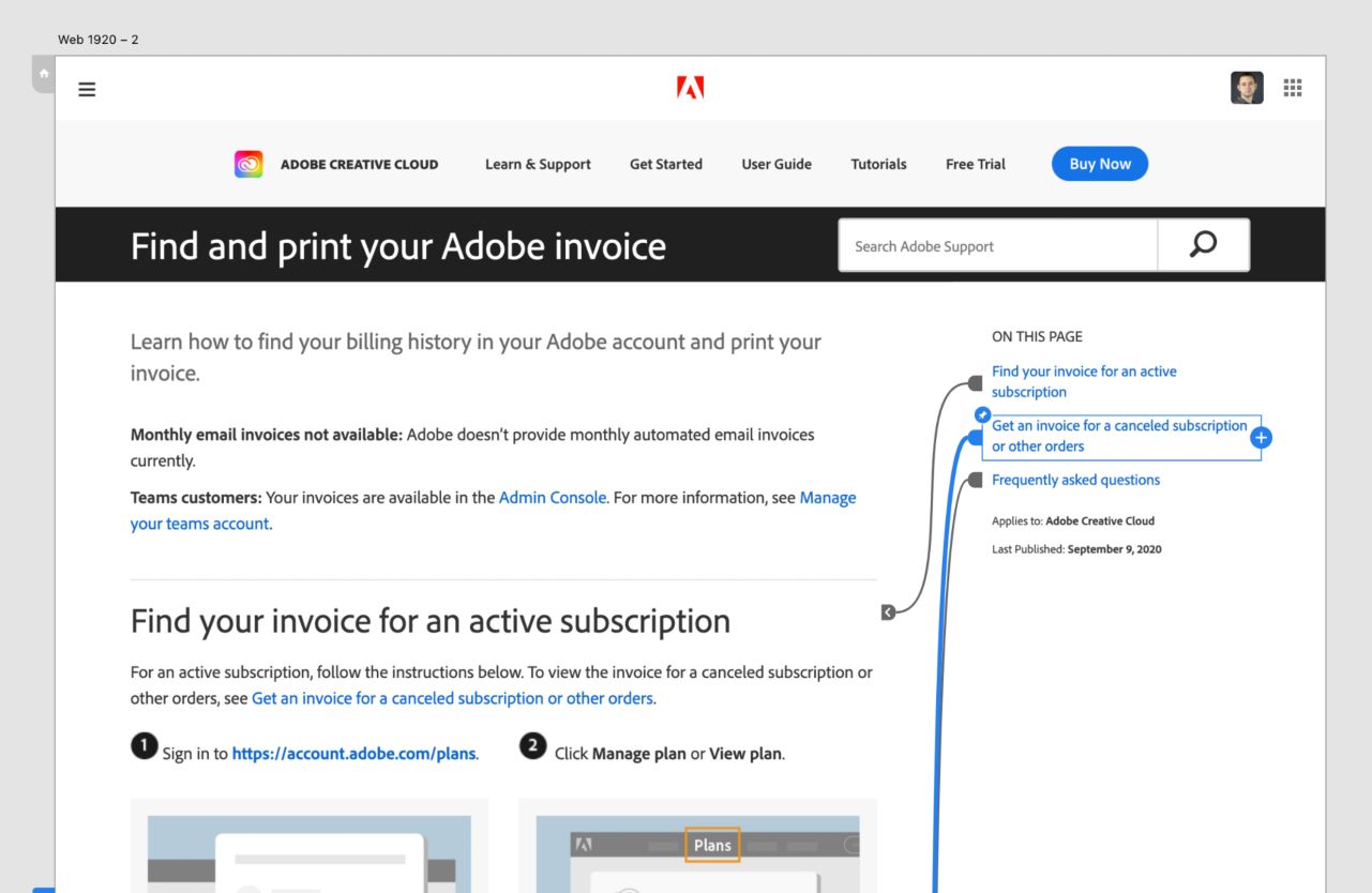 A fixed sidebar displays various sections with anchor links applied.