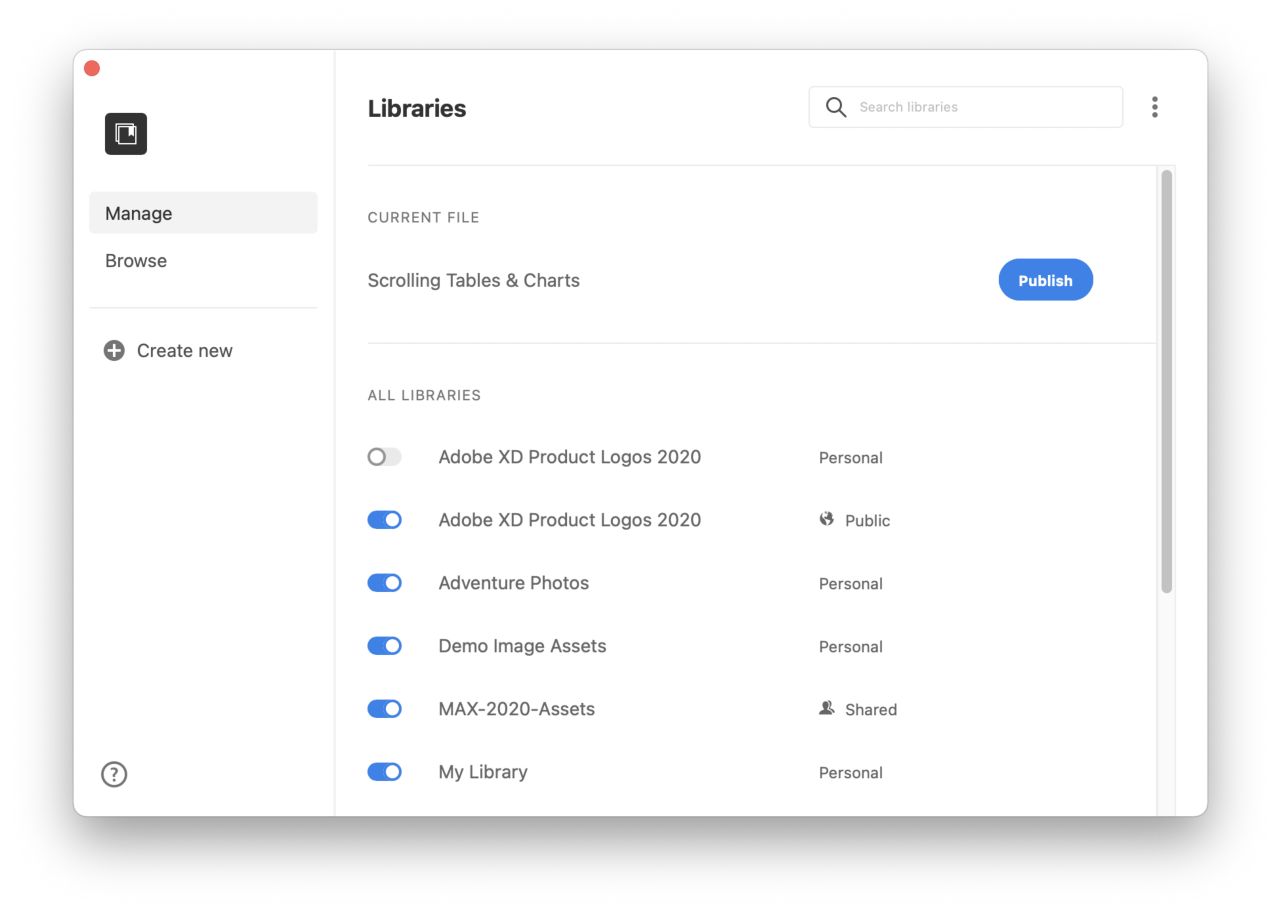 The Manage settings tab for Adobe Creative Cloud Libraries lets you select the visibility settings for individual libraries.